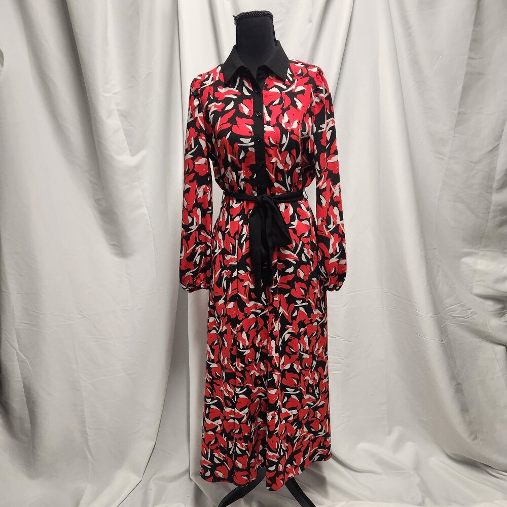 The Limited Red & Black Floral Shirt Dress – Size Small – Tie Waist Midi